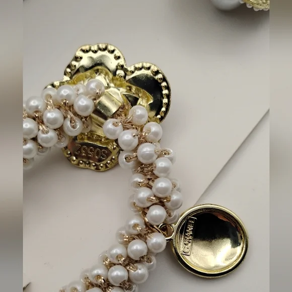 CHANEL Gold and White Floral Pearl Hair Bands Set Serial# On Both - Picture 3 of 3
